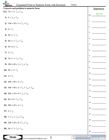 Expanded to Numeric with Decimals Worksheet - Expanded to Numeric with Decimals worksheet